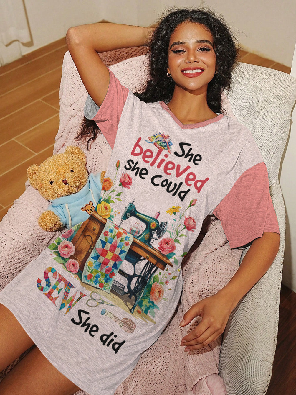 Sewing Lover V-neck Nightshirt She Believed She Could Sew She Did