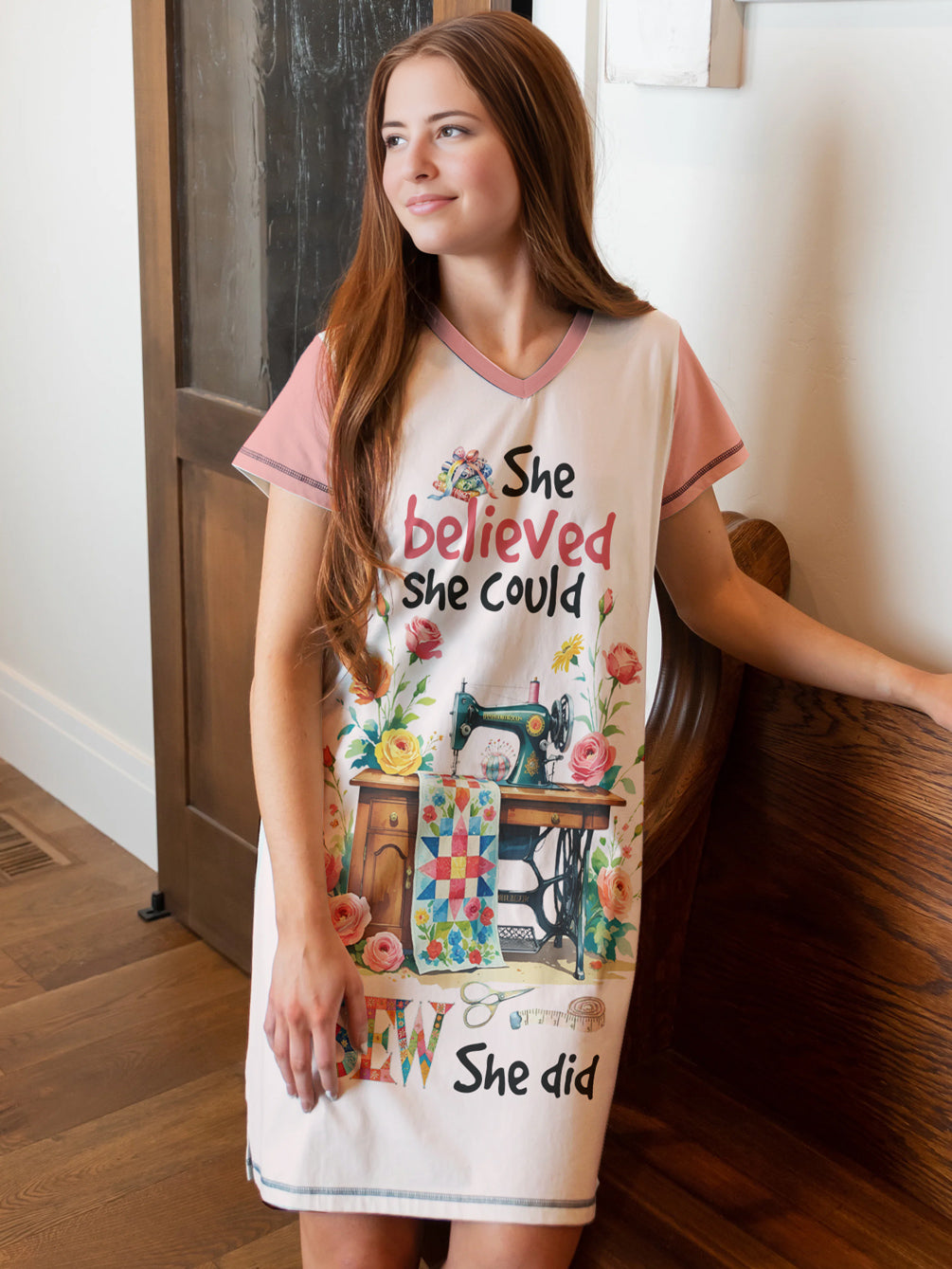 Sewing Lover V-neck Nightshirt She Believed She Could Sew She Did