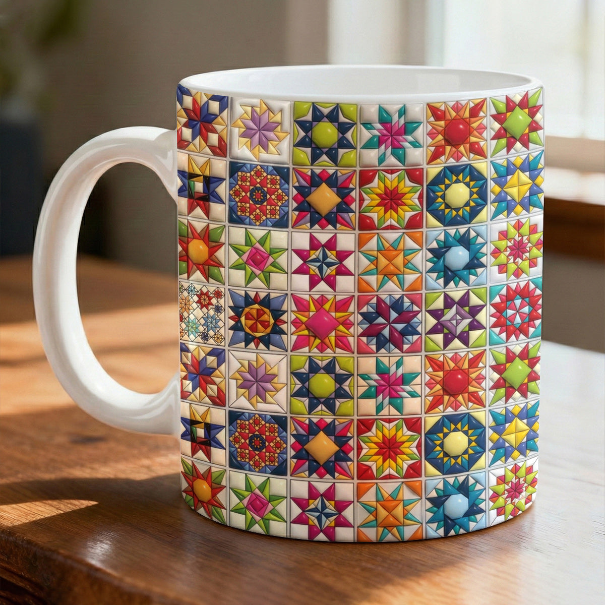 Sewing Lover Ceramic Mug Colorful Star Quilt Blocks