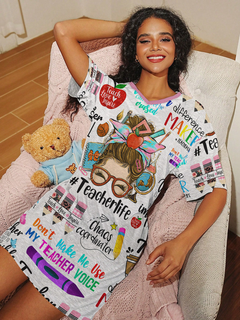 Teacher V-neck T-shirt Dress Teacher Life