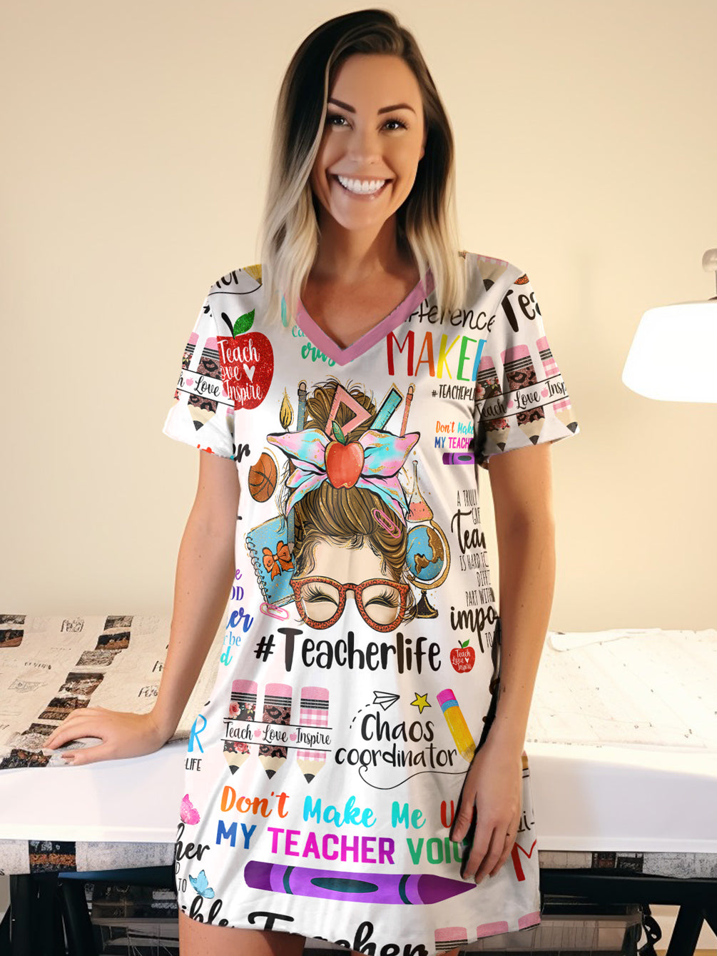 Teacher V-neck T-shirt Dress Teacher Life