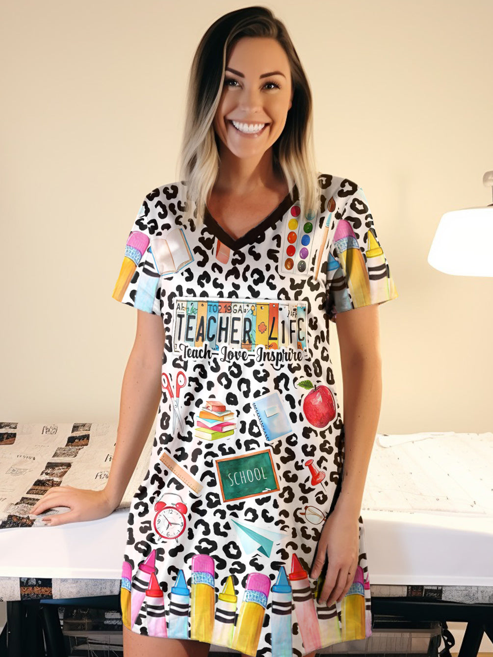 Teacher V-neck T-shirt Dress Teacher Life
