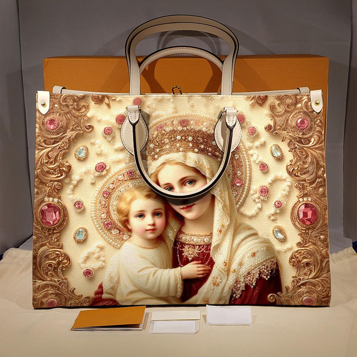 Christian 2D Print Leather Handbag The Virgin And Child