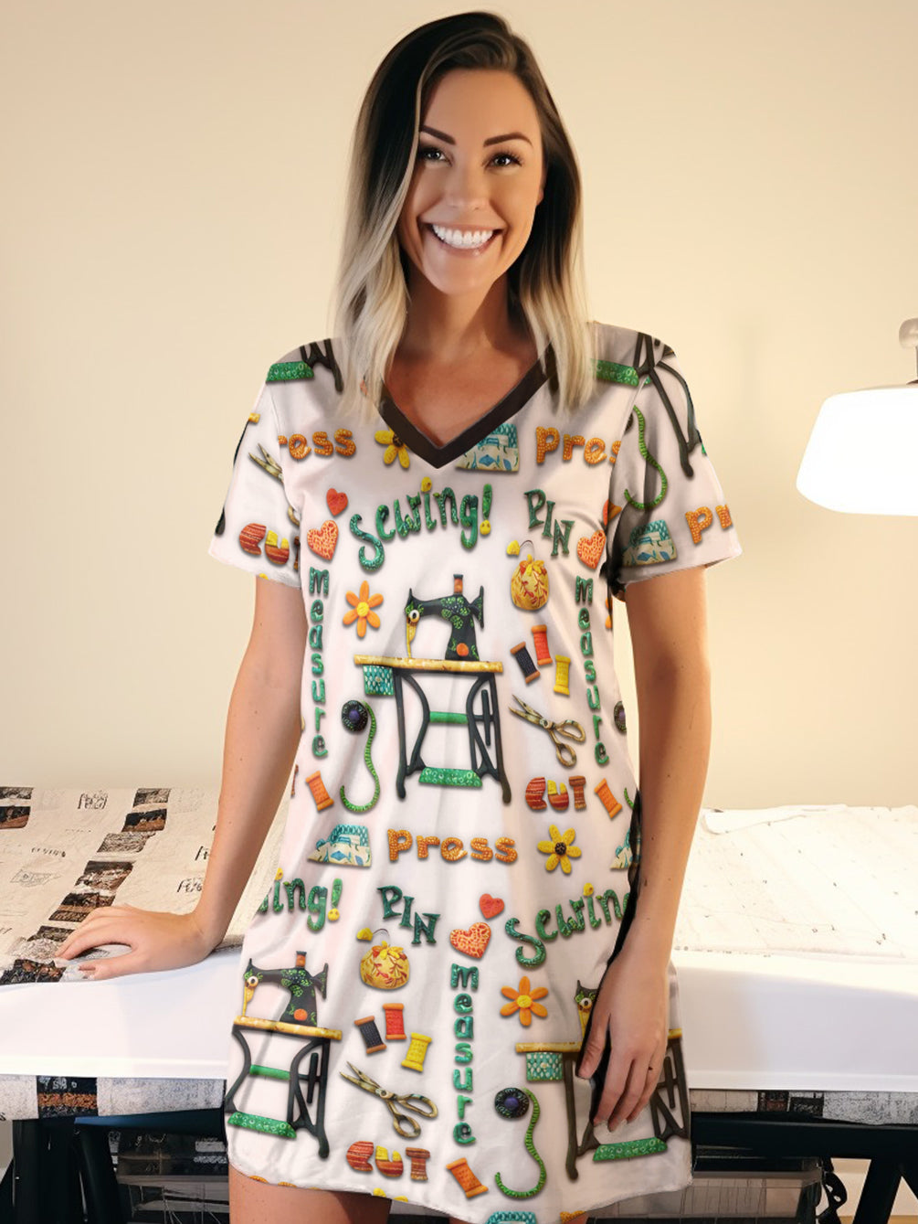Sewing Lover V-neck Nightshirt Cute Crafty