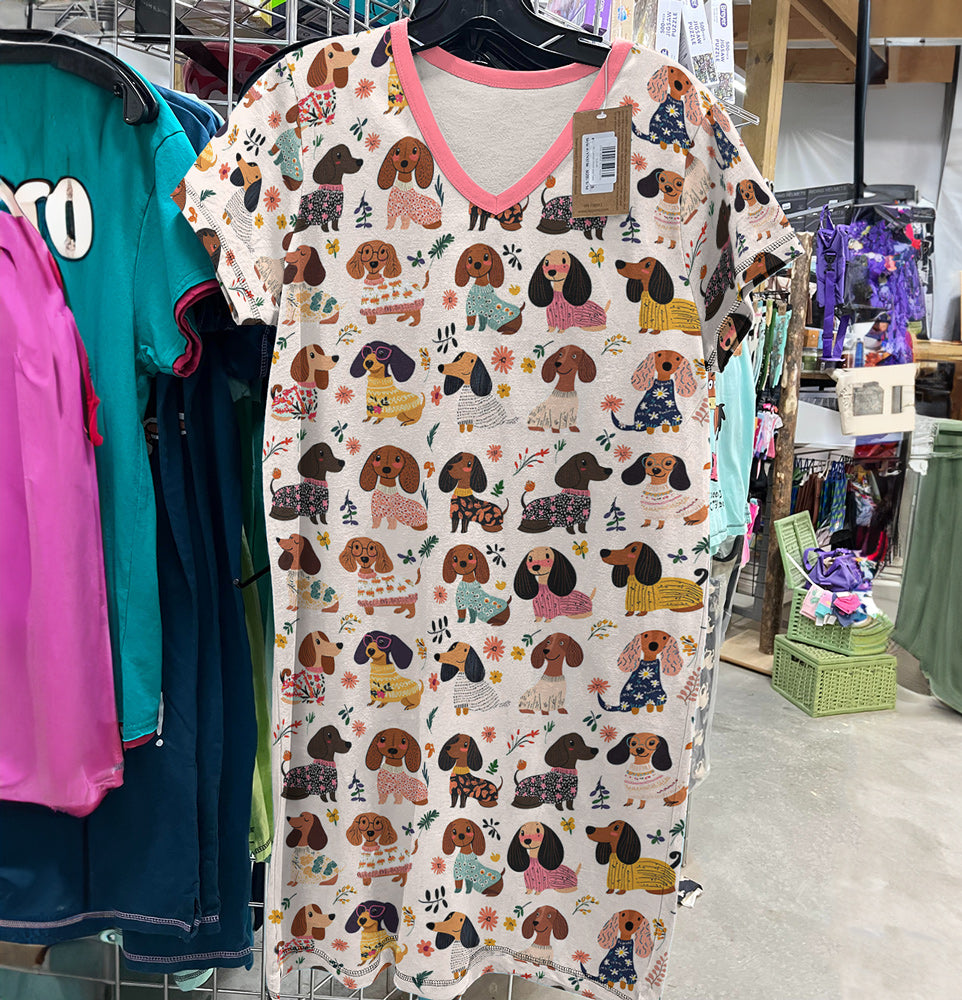 Dachshund V-neck Nightshirt Wagging In Bloom