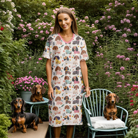 Dachshund V-neck Nightshirt Wagging In Bloom