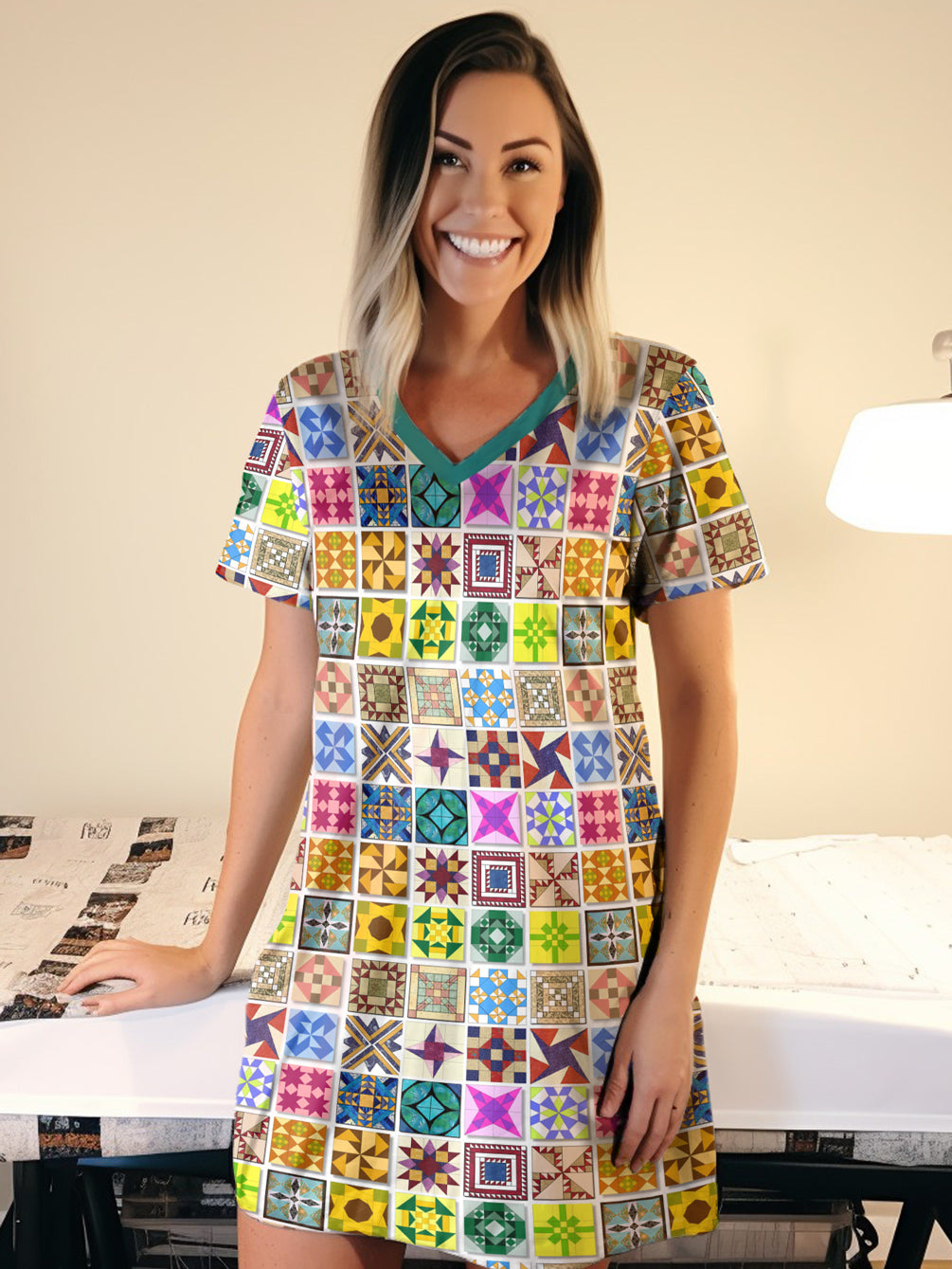 Sewing Lover V-neck Nightshirt Block Party