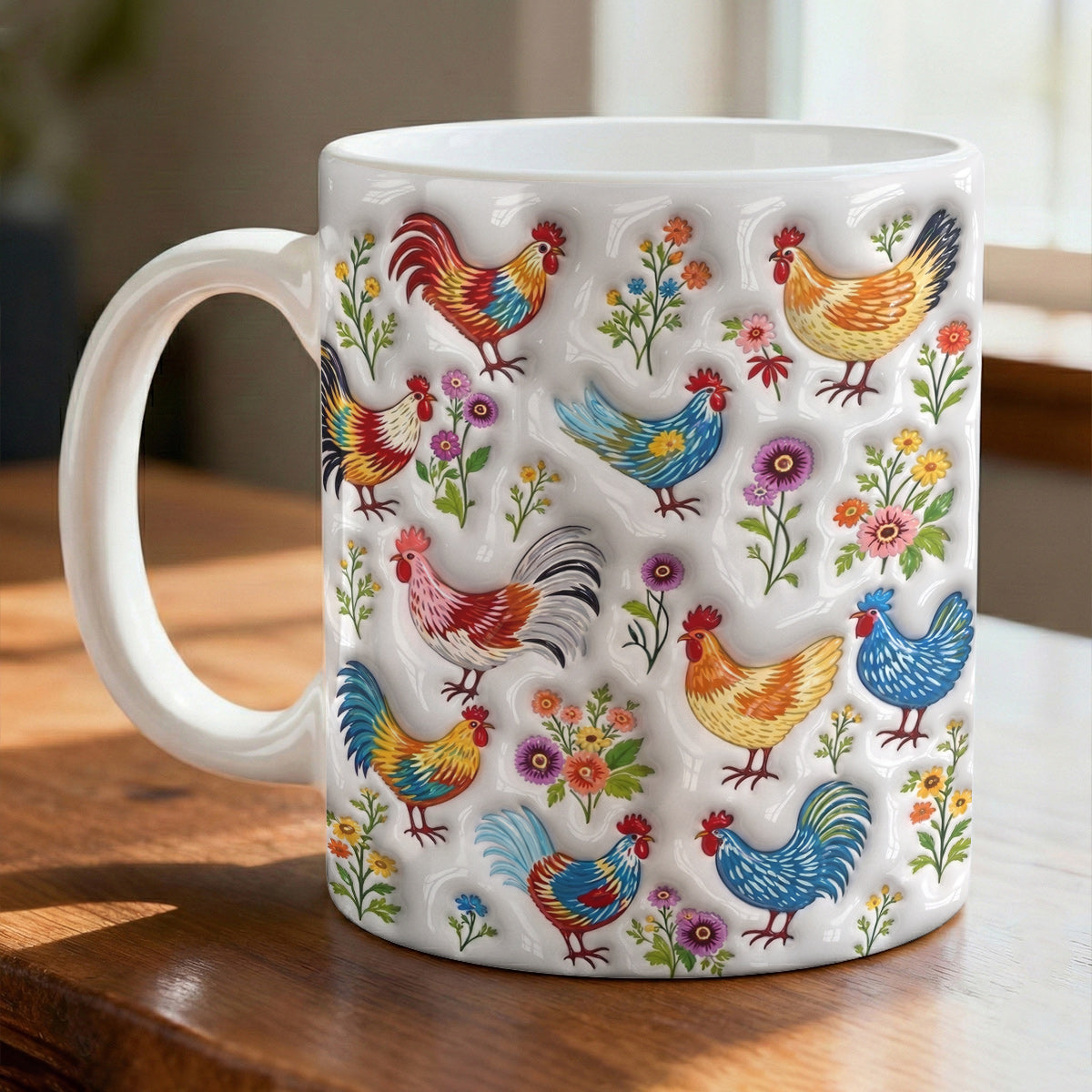 Chicken Lover Ceramic Mug Whimsical Chickens In Wildflower Garden
