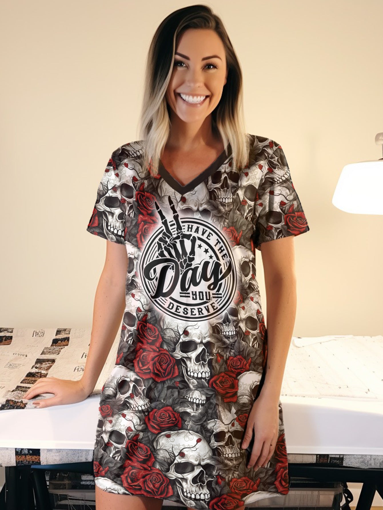 Skull V-neck Nightshirt Have The Day You Deserve