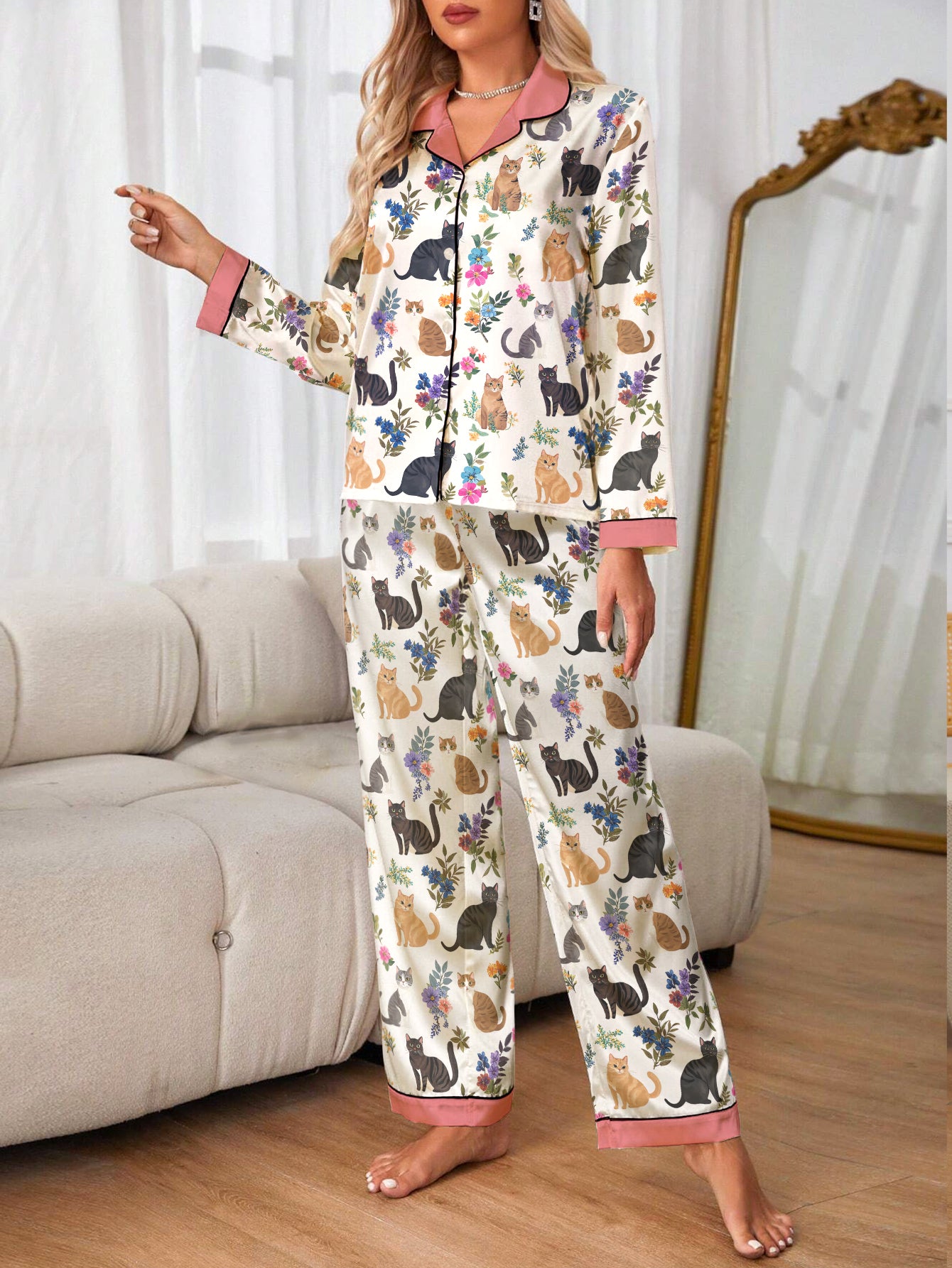 Cat Classic Pajama Set Garden Whiskers Pink