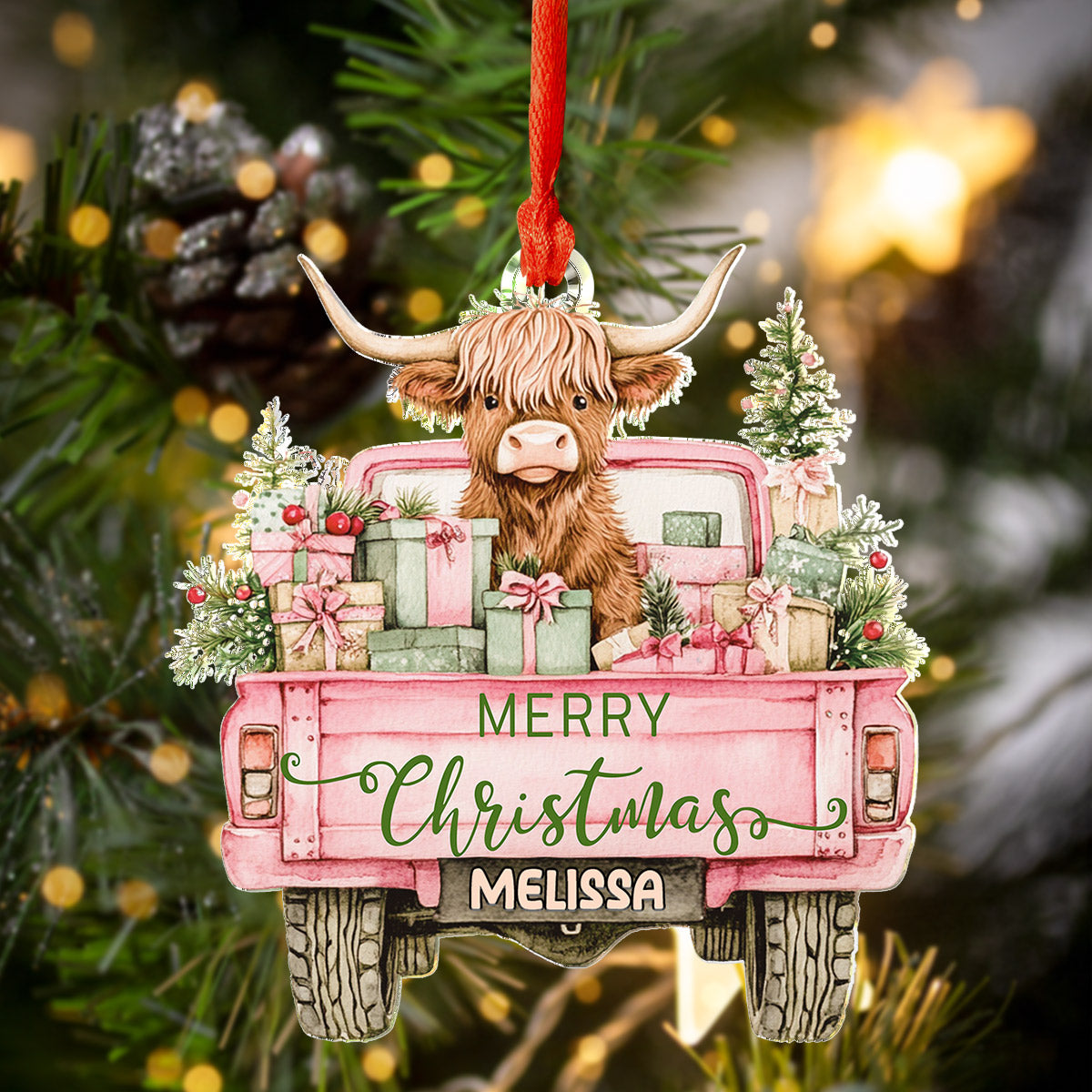 Highland Cow Acrylic Ornament Highland Christmas Truck Personalized