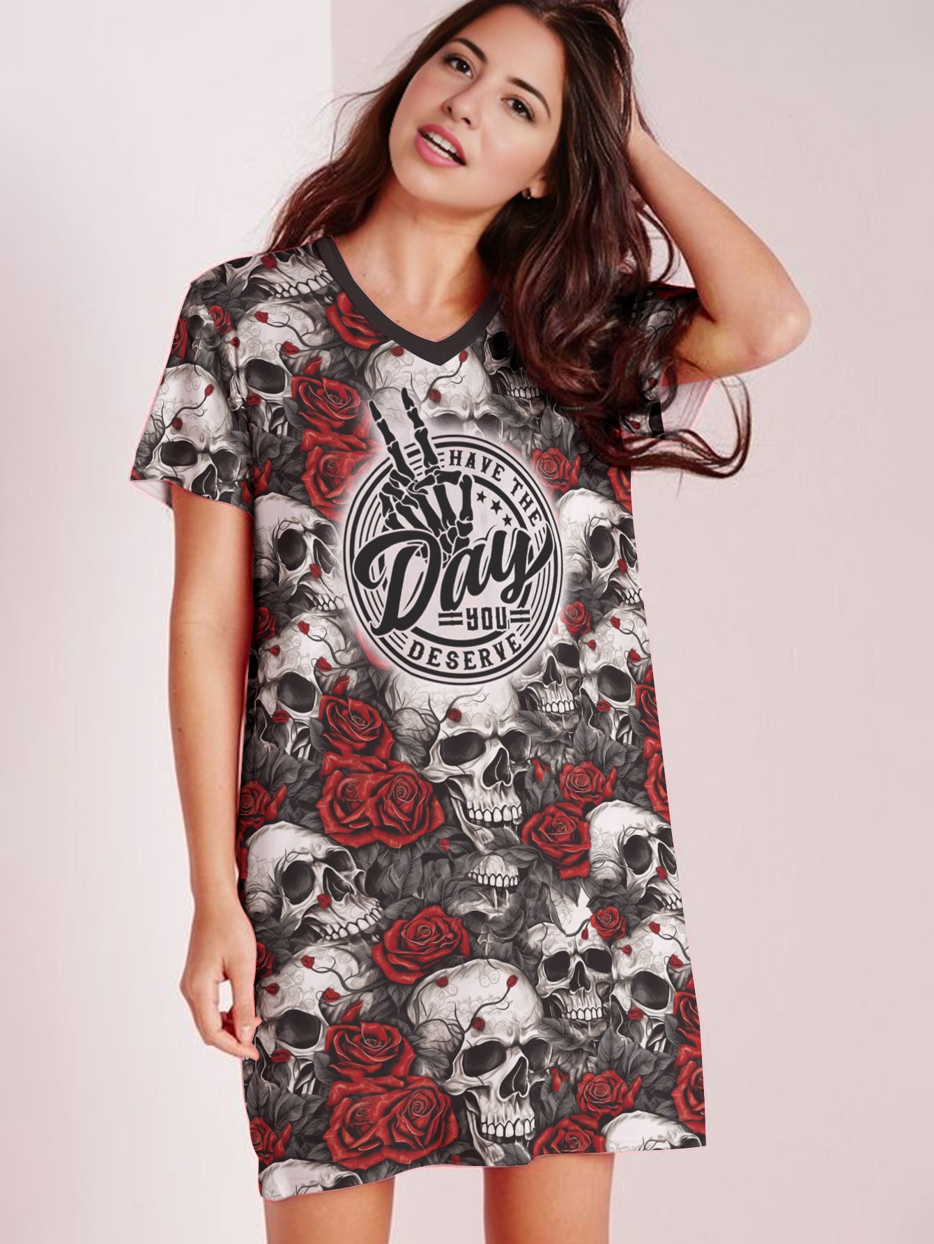 Skull V-neck Nightshirt Have The Day You Deserve