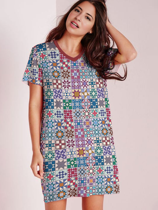 Sewing Lover V-neck Nightshirt Traditional Quilt Blocks