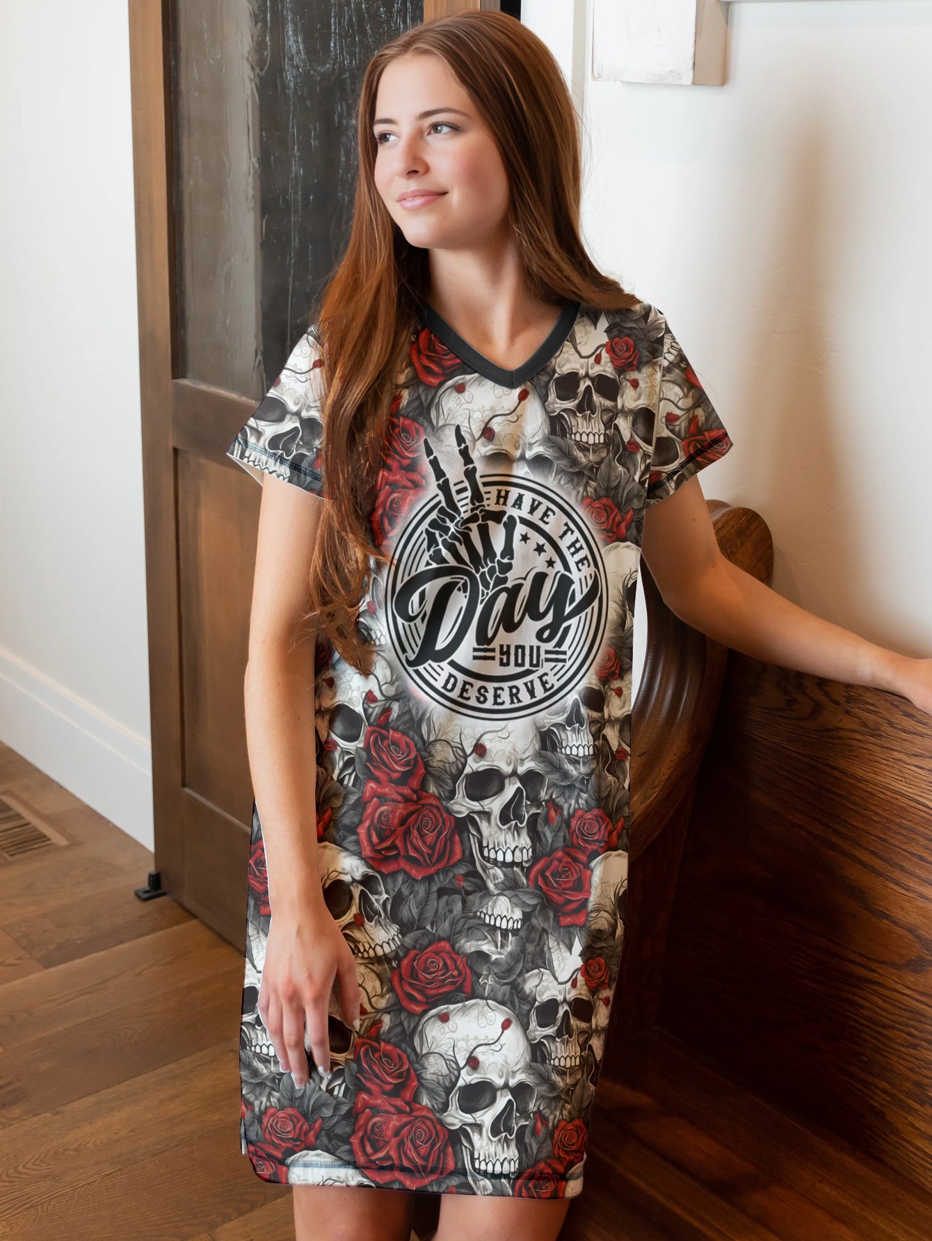 Skull V-neck Nightshirt Have The Day You Deserve