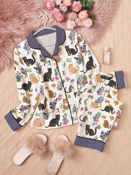 Cat Classic Pajama Set Garden Whiskers Purple