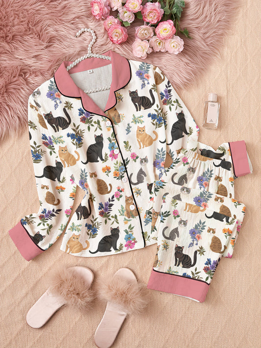 Cat Classic Pajama Set Garden Whiskers Pink