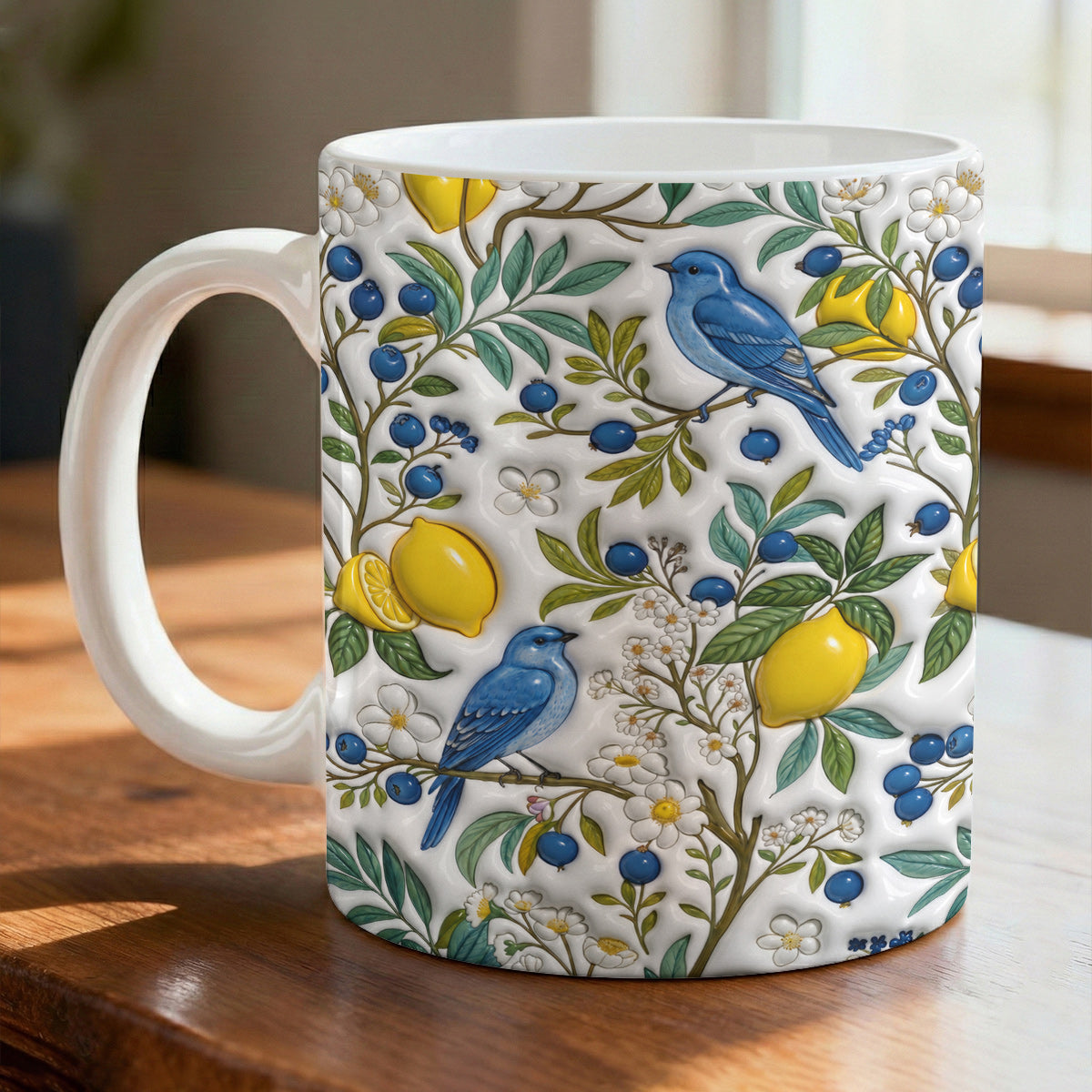 Botanical Bird Lovers Ceramic Mug Citrus Bluebird Reverie