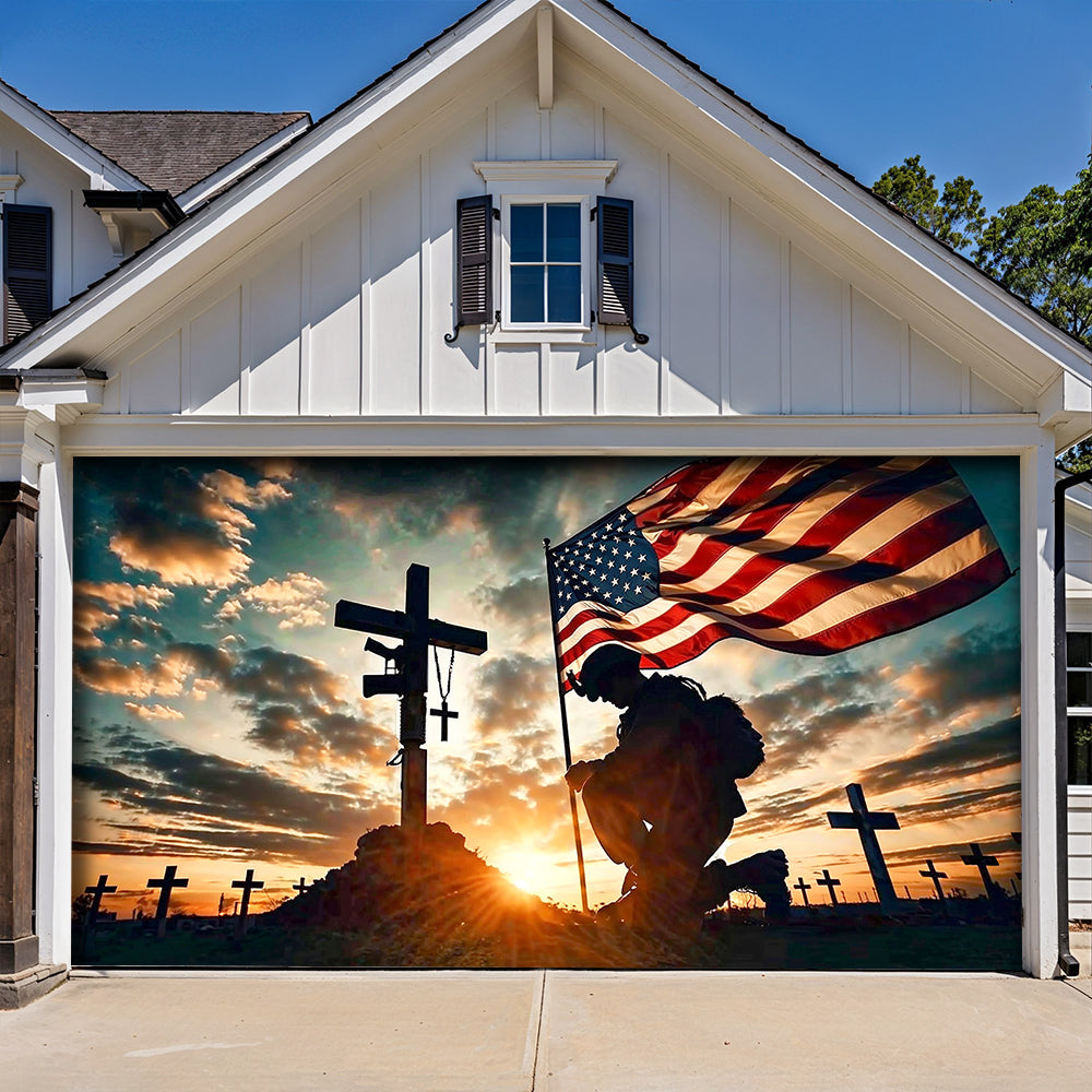 Christian Patriotic Garage Door Banner Decoration Kneel In Faithful Remembrance