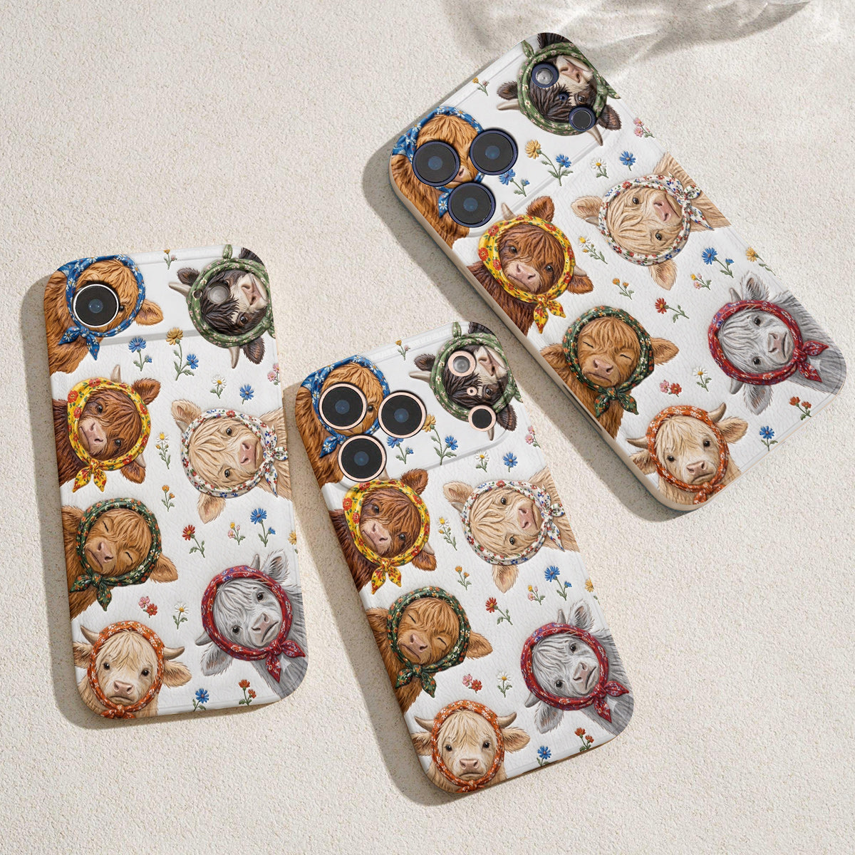 Highland Cow Leather Phone Case Floral Scarf Highland Cow