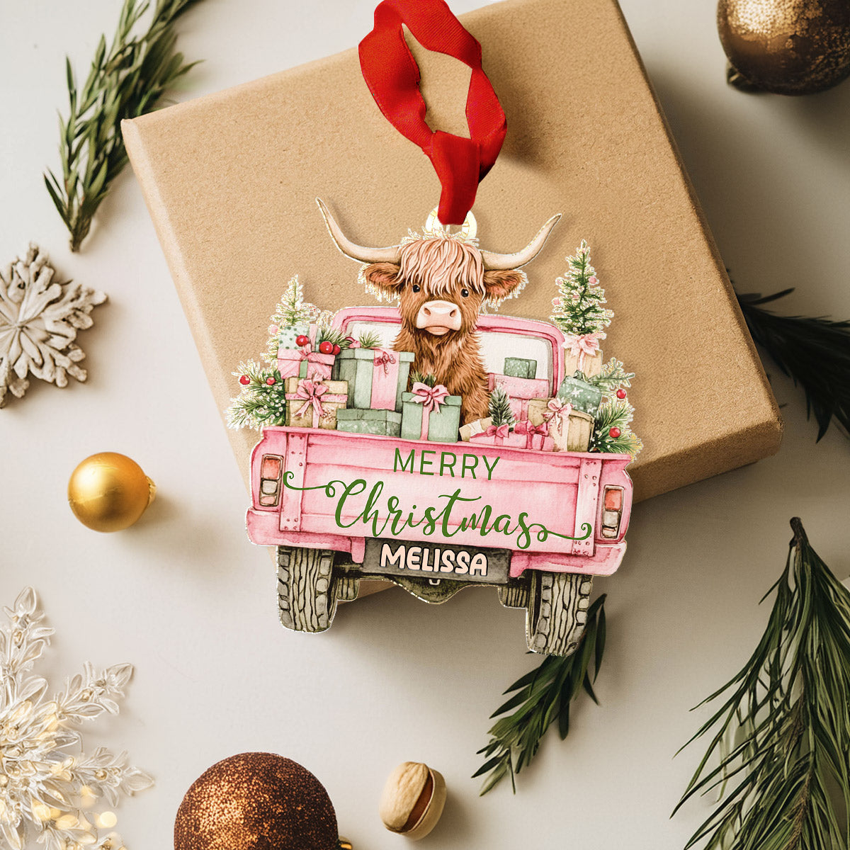 Highland Cow Acrylic Ornament Highland Christmas Truck Personalized
