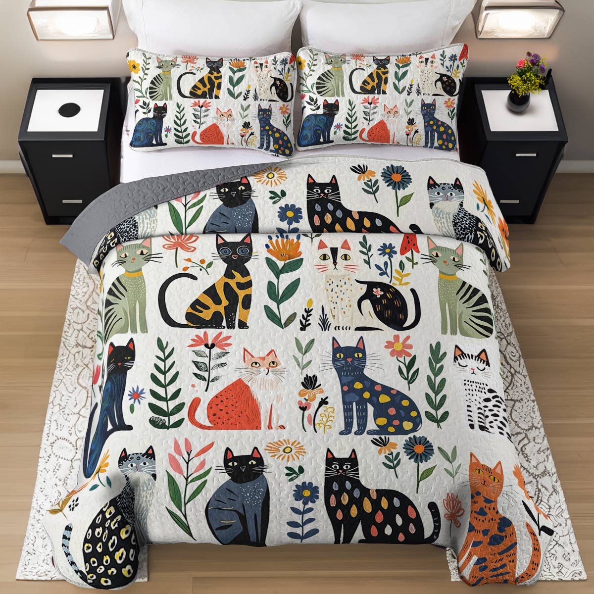 Cat All Season Quilt 3-Piece Set Charming Floral Cats