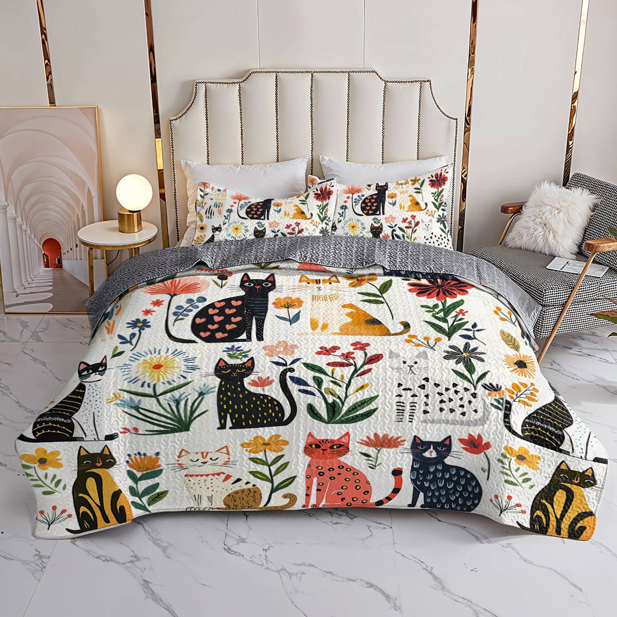 Cat All Season Quilt 3-Piece Set Whimsical Floral Cats