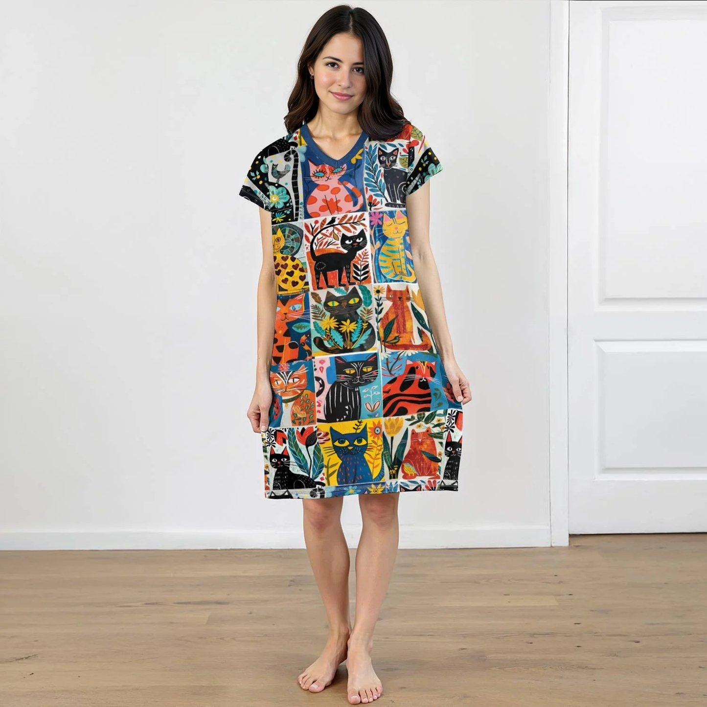 Cat Lover V-neck Nightshirt Folk Feline Fantasy