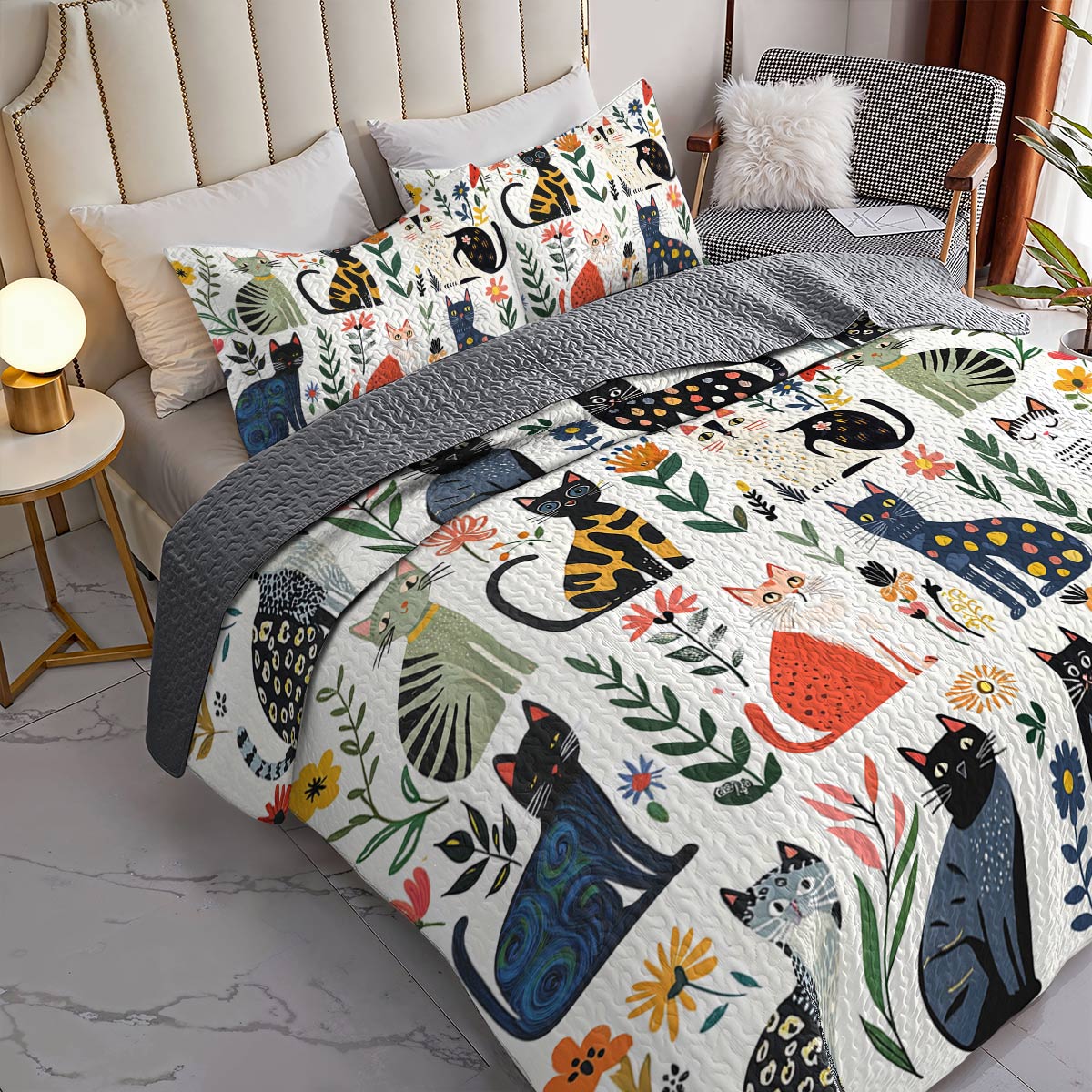 Cat All Season Quilt 3-Piece Set Charming Floral Cats