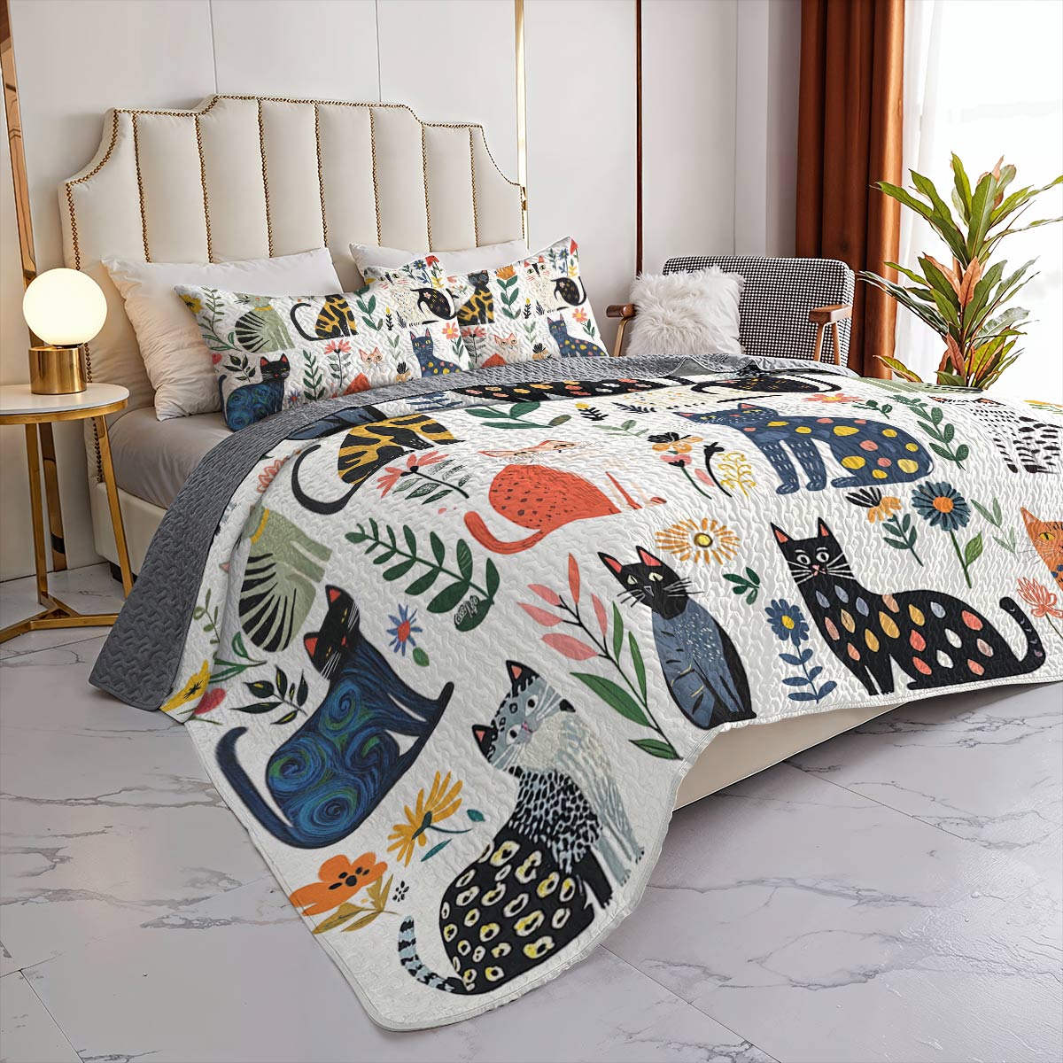 Cat All Season Quilt 3-Piece Set Charming Floral Cats