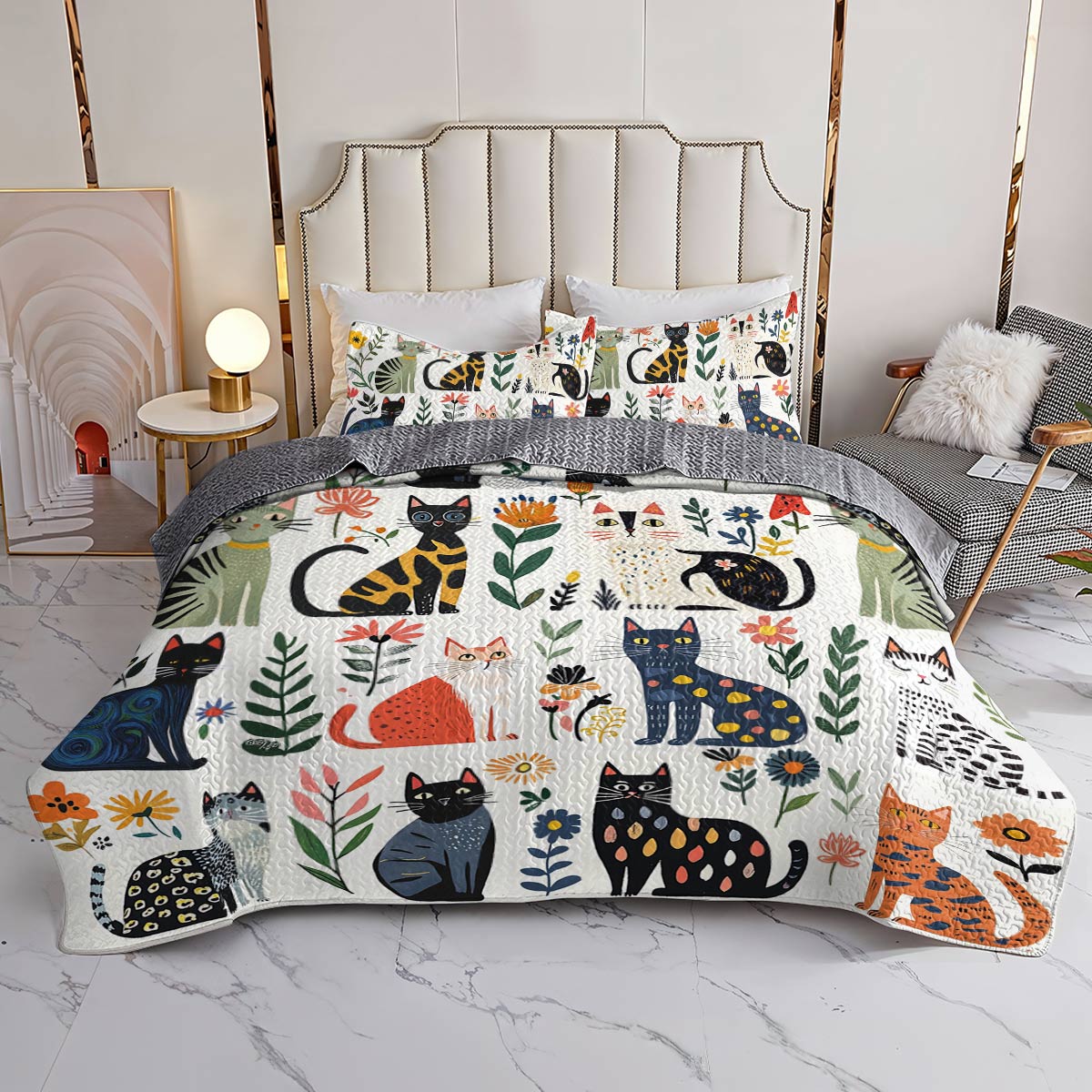 Cat All Season Quilt 3-Piece Set Charming Floral Cats