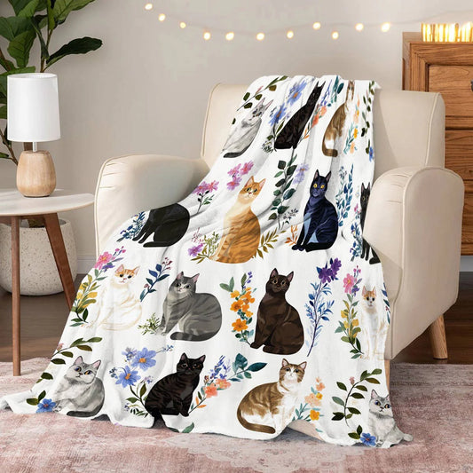 Cat Fleece Blanket Charming Floral Cats