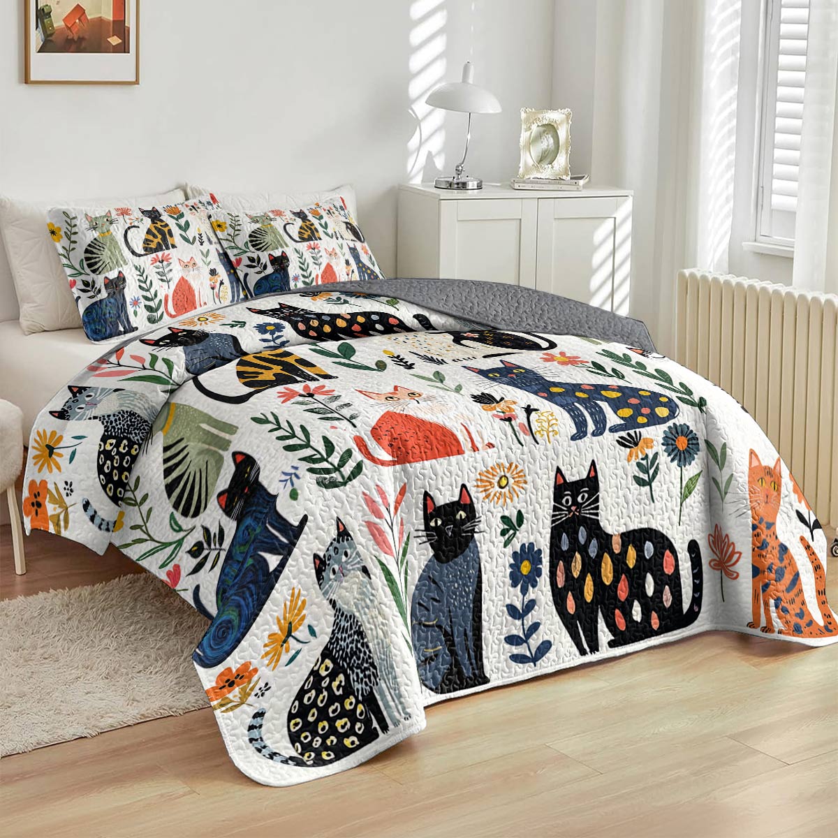 Cat All Season Quilt 3-Piece Set Charming Floral Cats