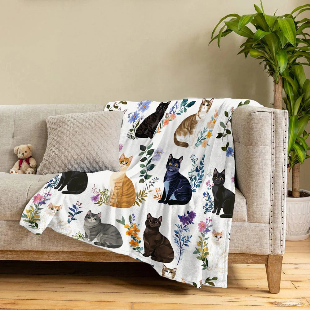 Cat Fleece Blanket Charming Floral Cats