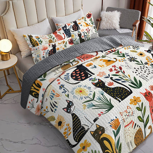 Cat All Season Quilt 3-Piece Set Whimsical Floral Cats