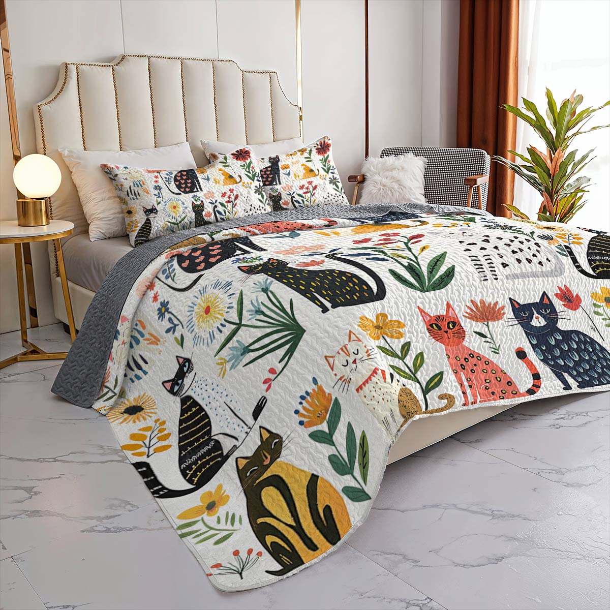 Cat All Season Quilt 3-Piece Set Whimsical Floral Cats