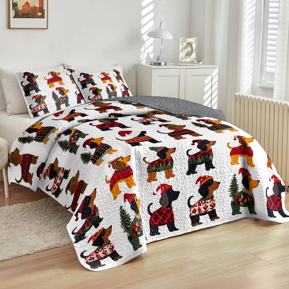 Dachshund All Season Quilt 3-Piece Set Happy Christmas Dachshunds