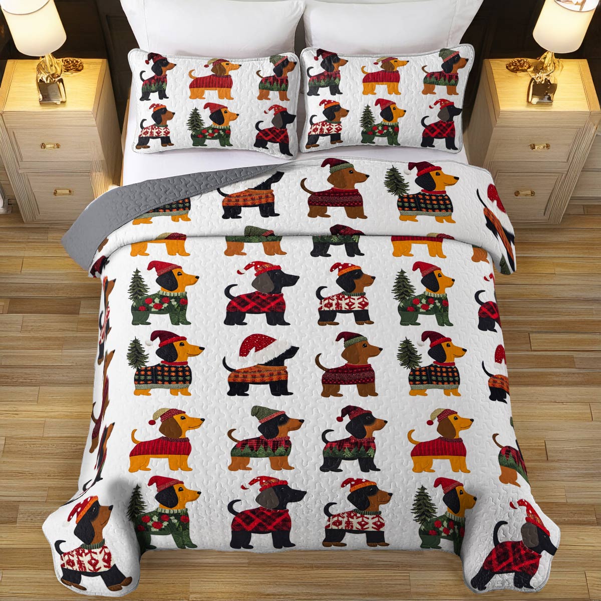 Dachshund All Season Quilt 3-Piece Set Happy Christmas Dachshunds