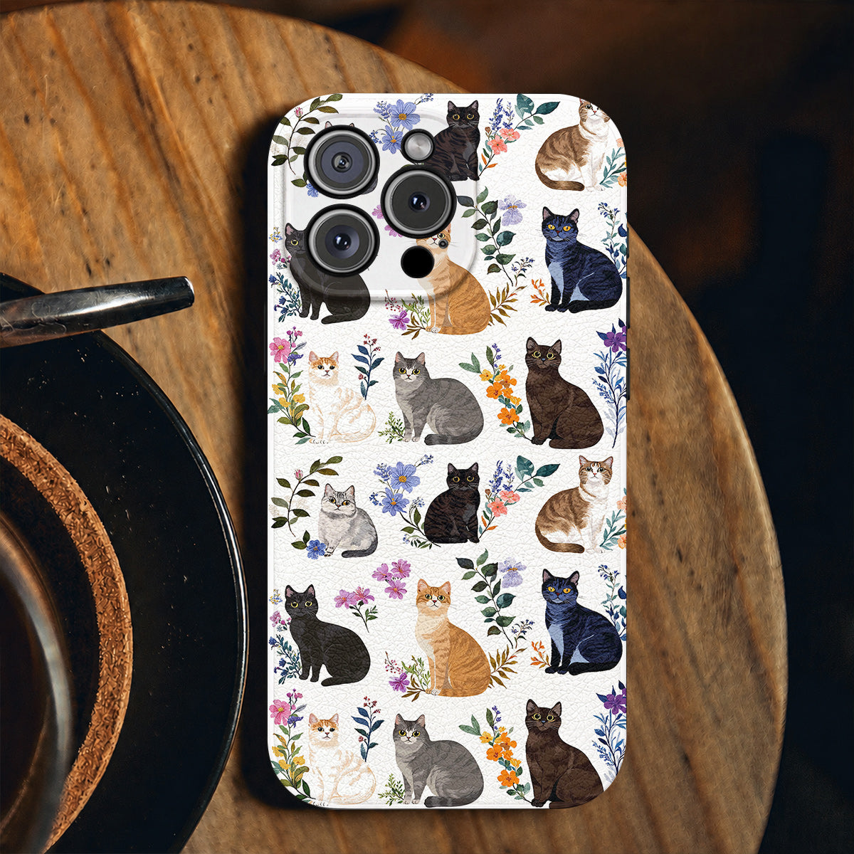 Cat Leather Phone Case Charming Floral Cats