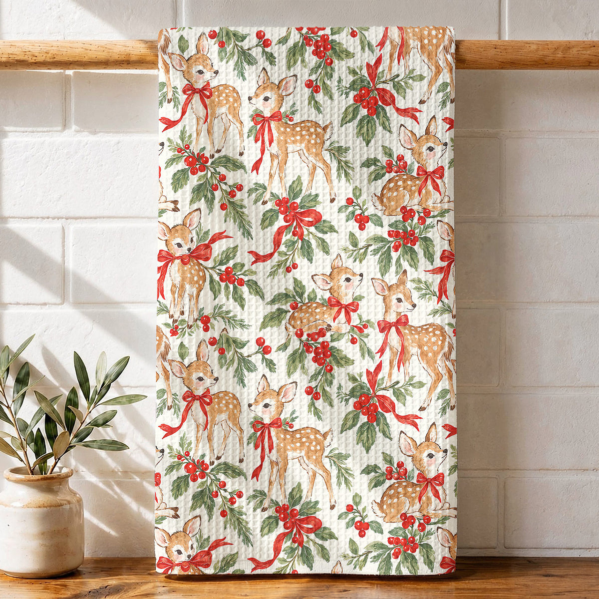 Christmas Kitchen Towel Holly Jolly Fawns