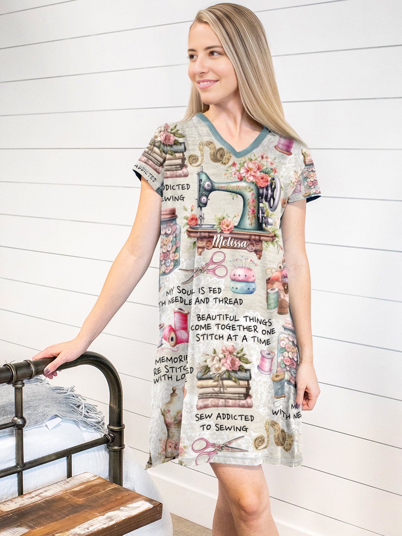 Sewing Lover V-neck Nightshirt Personalized Sew Addicted To Sewing