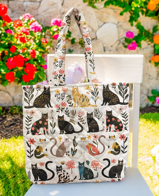 Cat Lover Quilted Tote Bag Botanical Cat Bliss