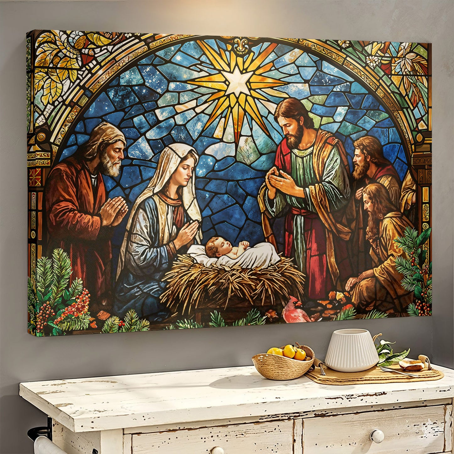 God Wooden-Framed Canvas Wall Art The Holy Night in Stained Glass