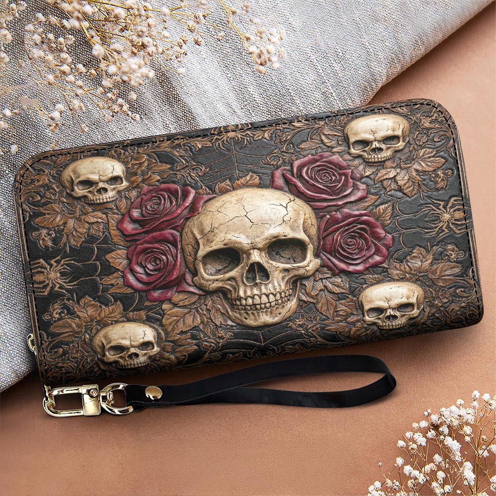 Skull Leather Wallet Gothic Skull Memento in Bloom