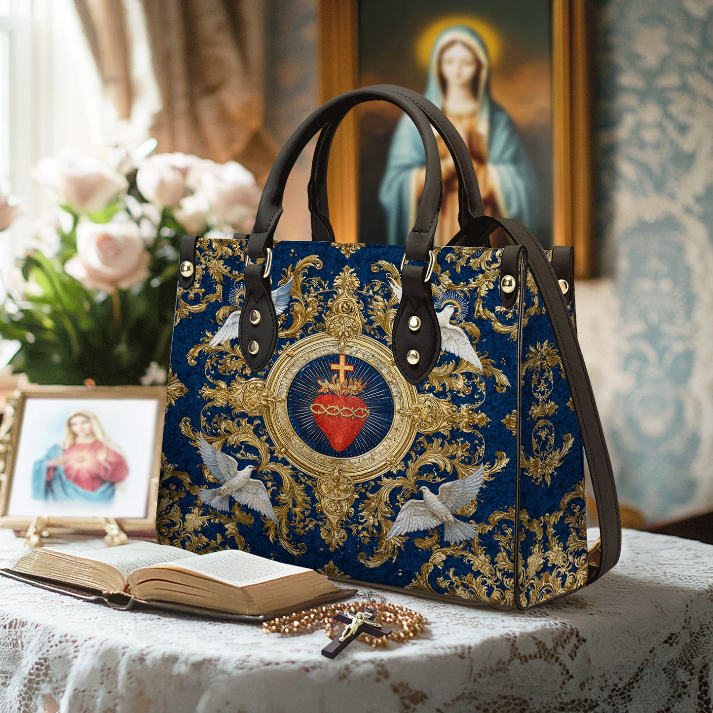 Christian Print Leather Handbag Sacred Heart Of Grace