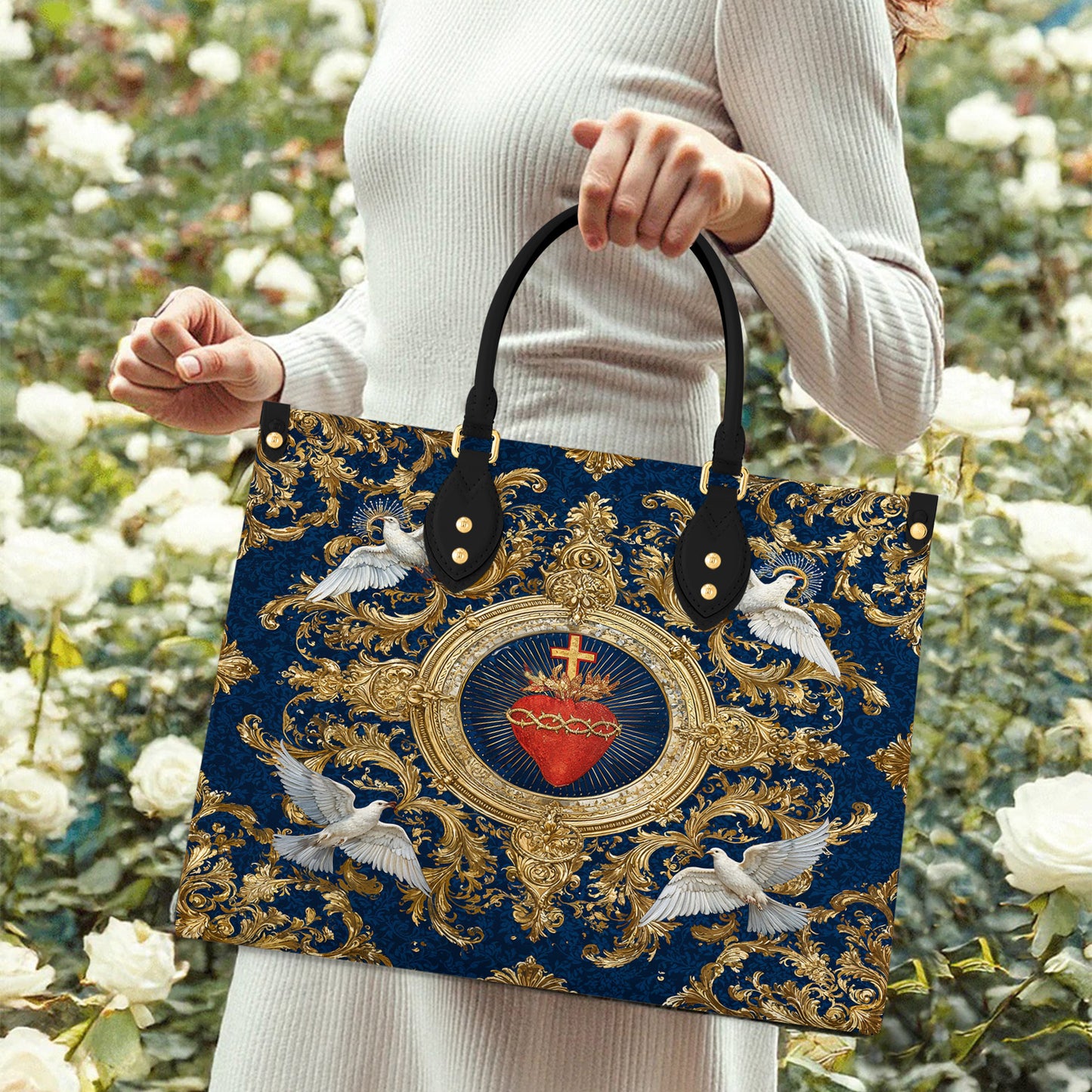 Christian Print Leather Handbag Sacred Heart Of Grace