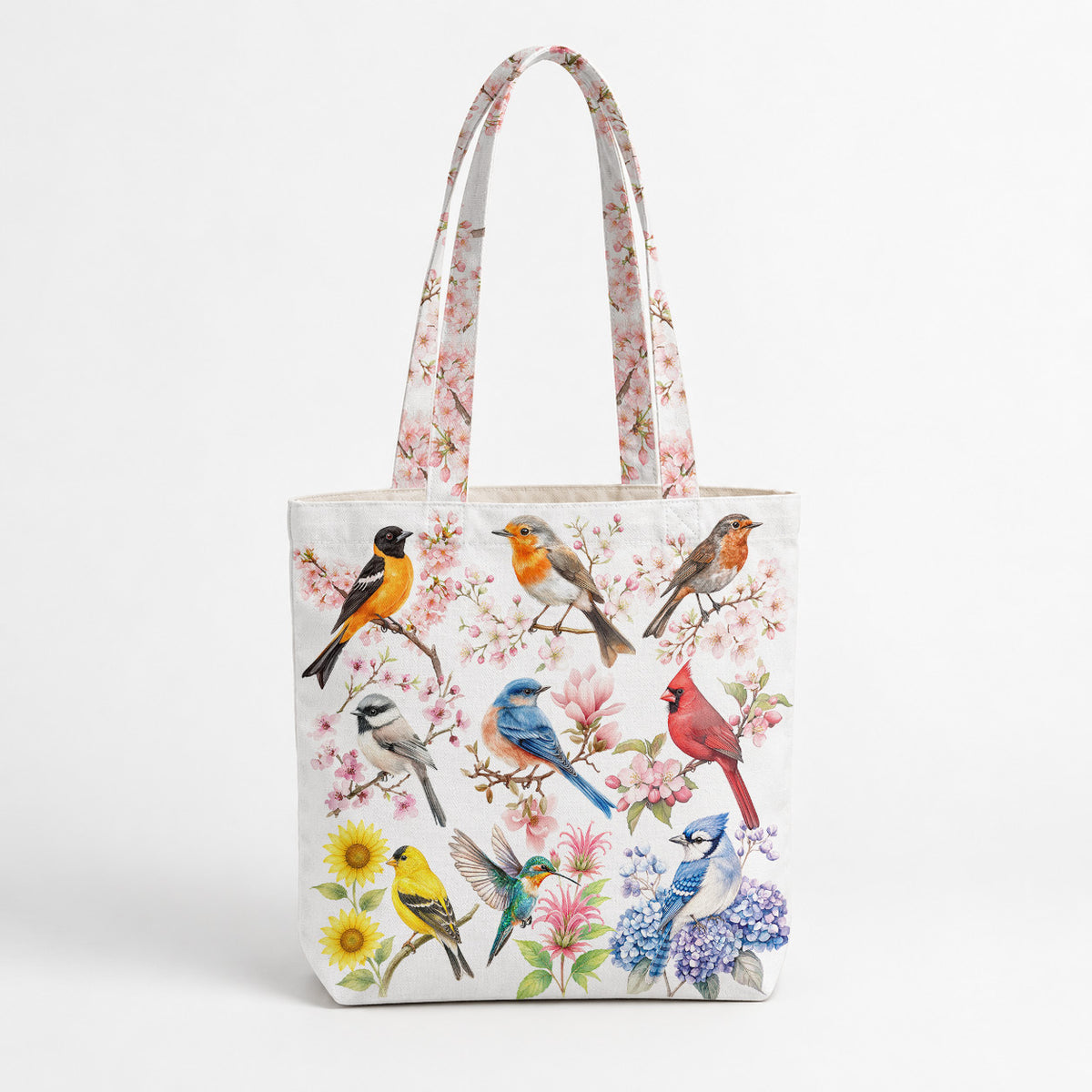 Birds Canvas Tote Bag Spring Birds Blossom Garden