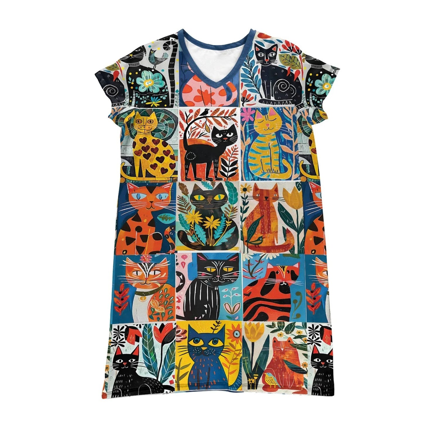 Cat Lover V-neck Nightshirt Folk Feline Fantasy