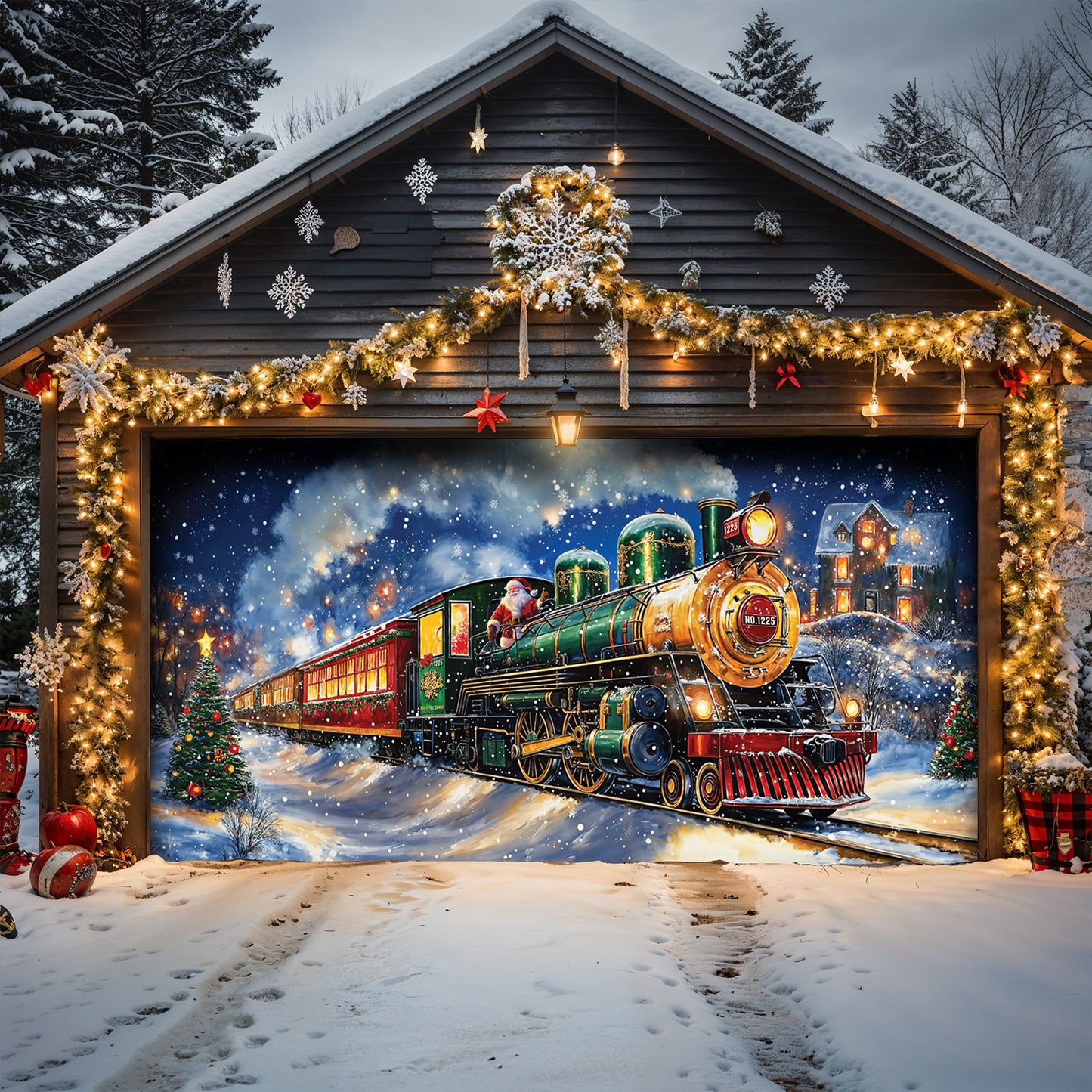 Christmas Garage Door Banner Decoration - Magical Holiday Express Santa’s Train Spreading Cheer
