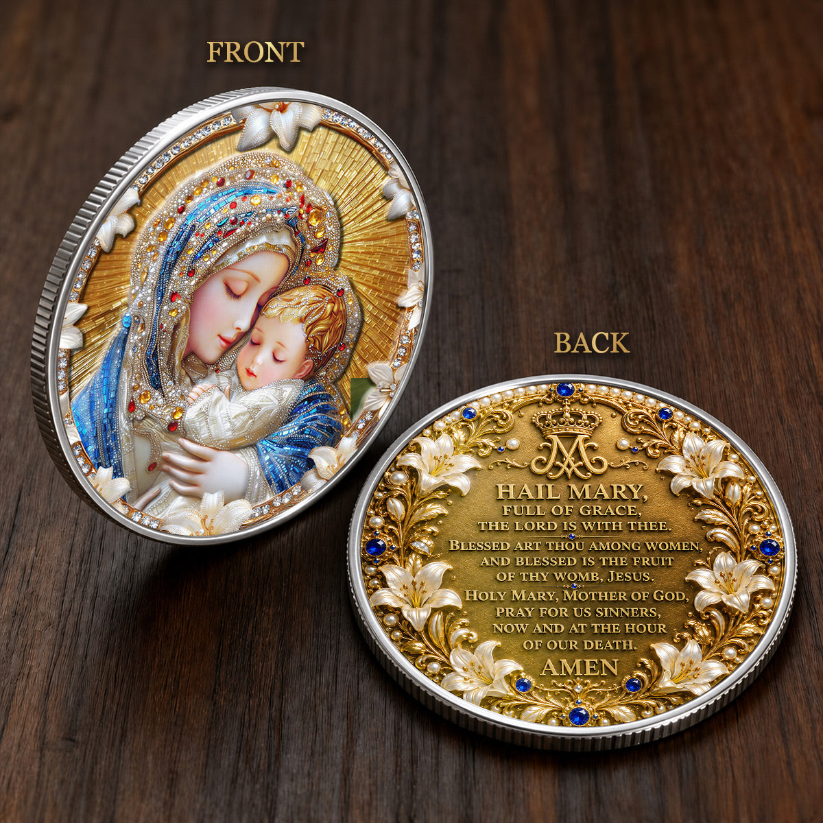 Our Lady of Grace Premium 3D Commemorative Coin – Hail Mary Prayer Keepsake
