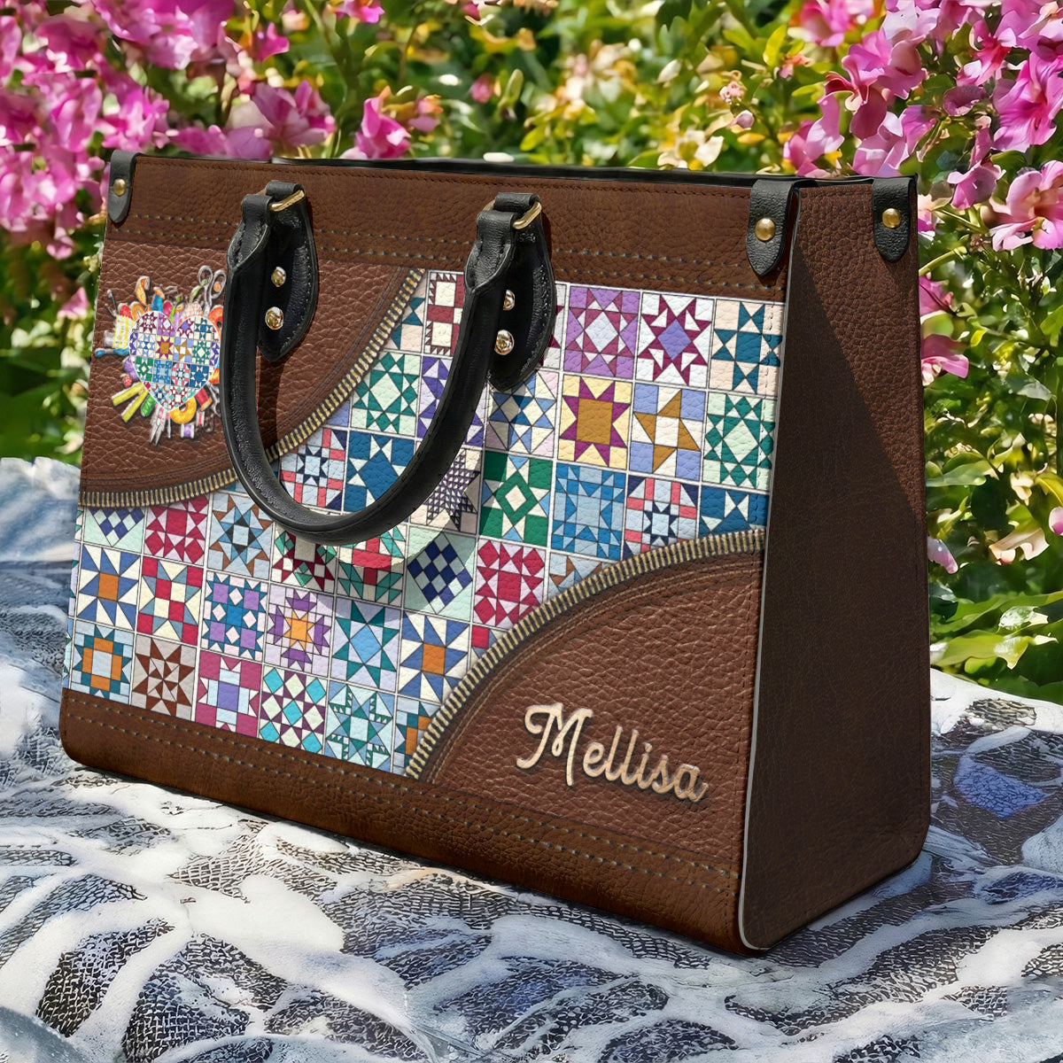 Sewing Lover Leather Handbag Personalized Traditional Quilt Blocks
